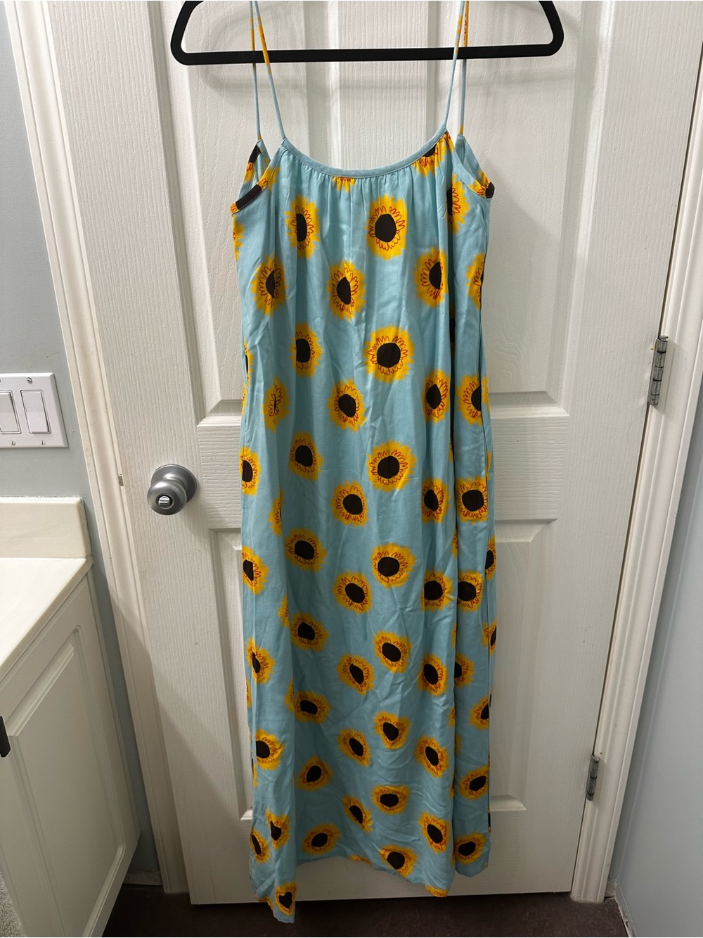 Light Blue Sunflower Print Spaghetti Strap Maxi Dress